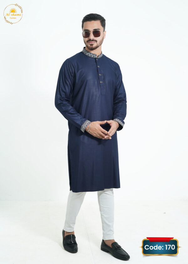 Navy Blue color Satan Slub Embroidery Panjabi code-170