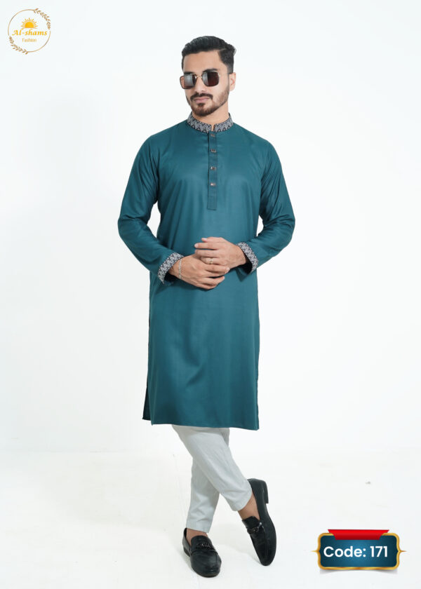 C Green color Satan Slub Embroidery Panjabi code-171